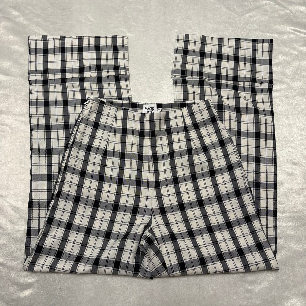 Princess Polly Euros Pants Black Plaid Wide Leg High Rise Size 4 Check Grunge
